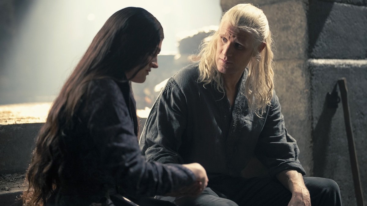 Alys Rivers tends to Daemon's hand as they sit on House of the Dragon
