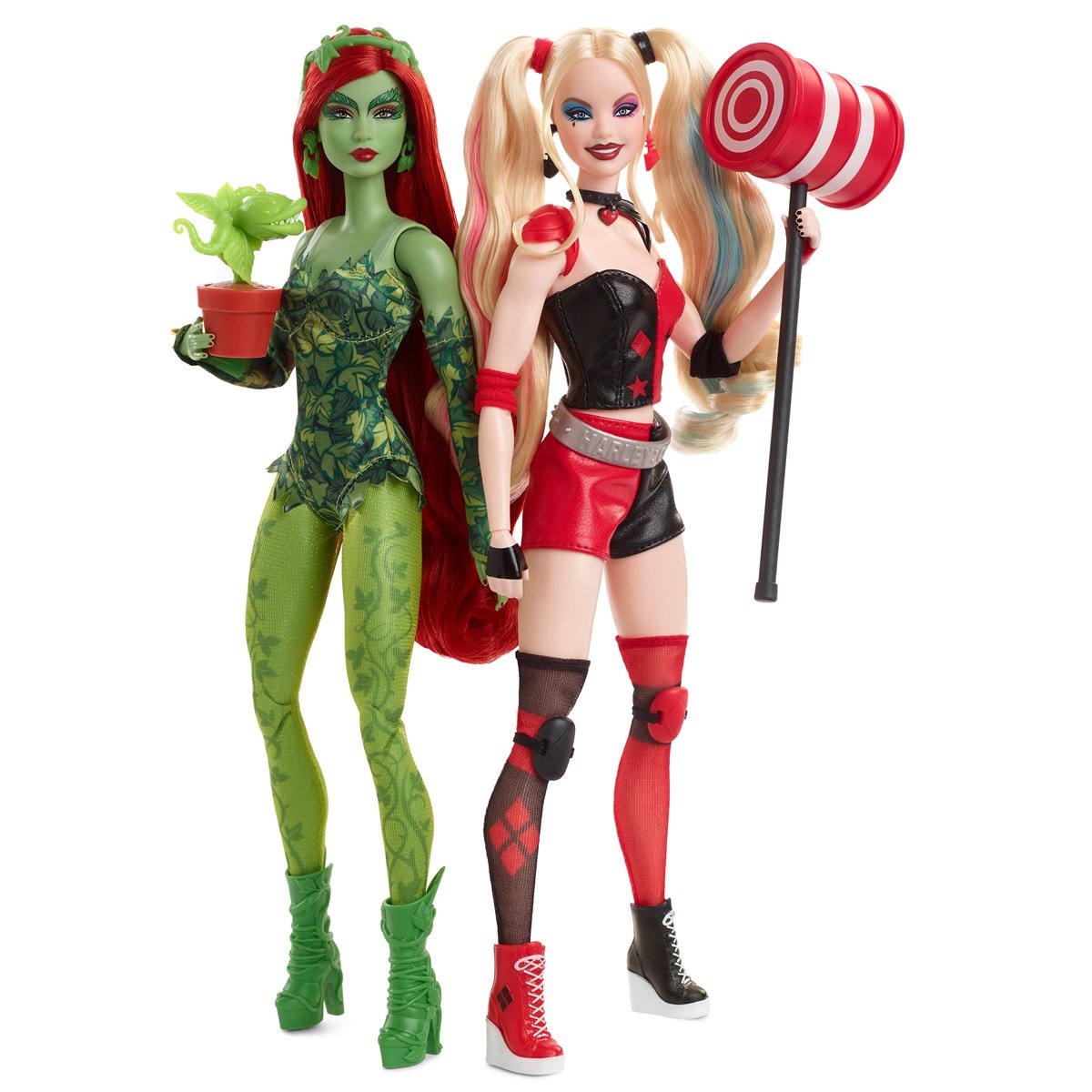 Mattel's collector's edition Poison Ivy and Harley Quinn Barbie Dolls.