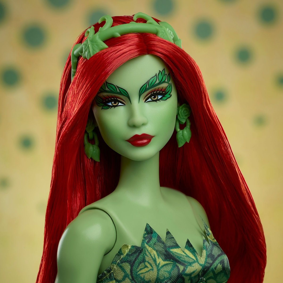 Poison Ivy Barbie Doll close up of face.