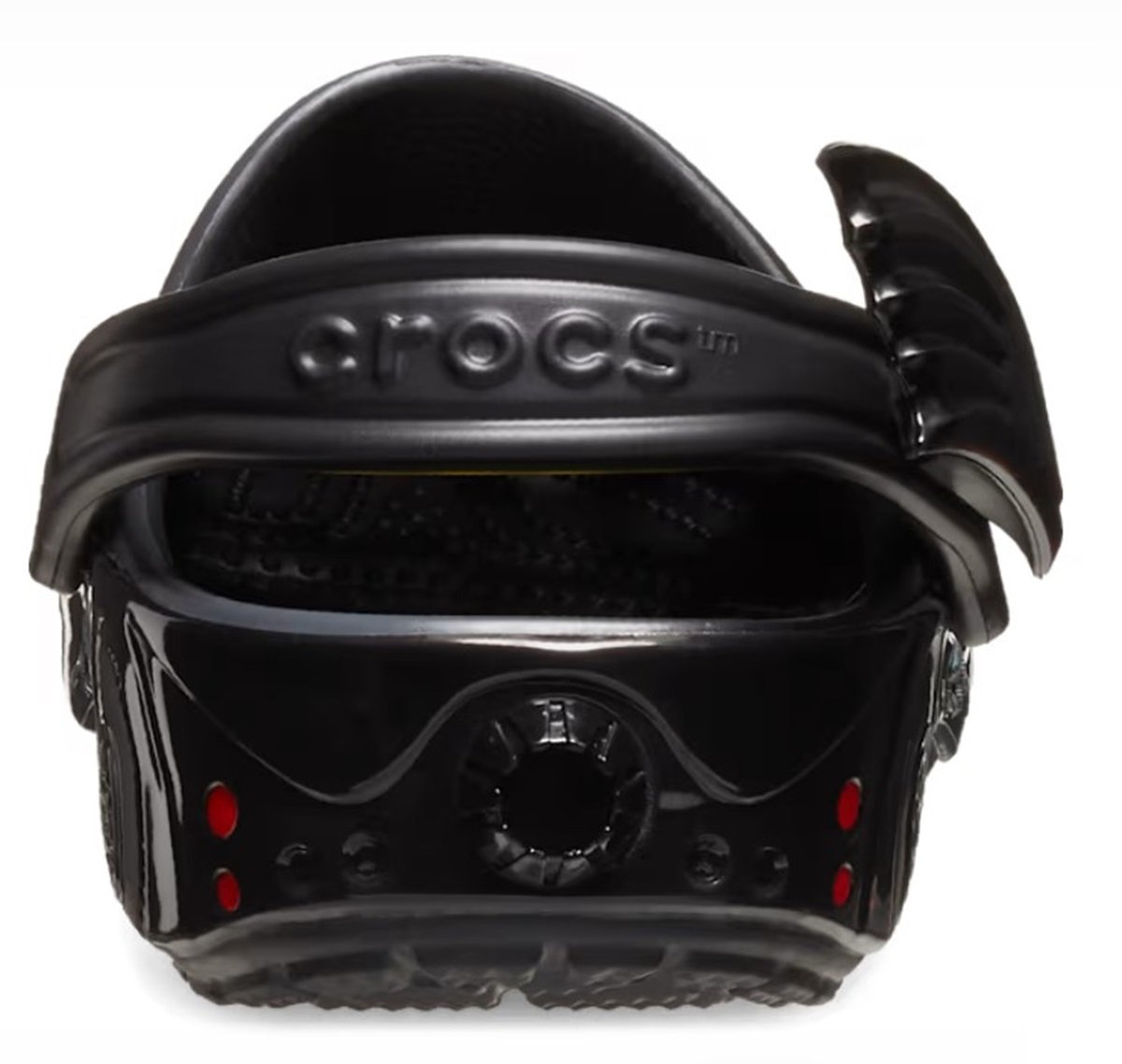 Batmobile Crocs heel view.