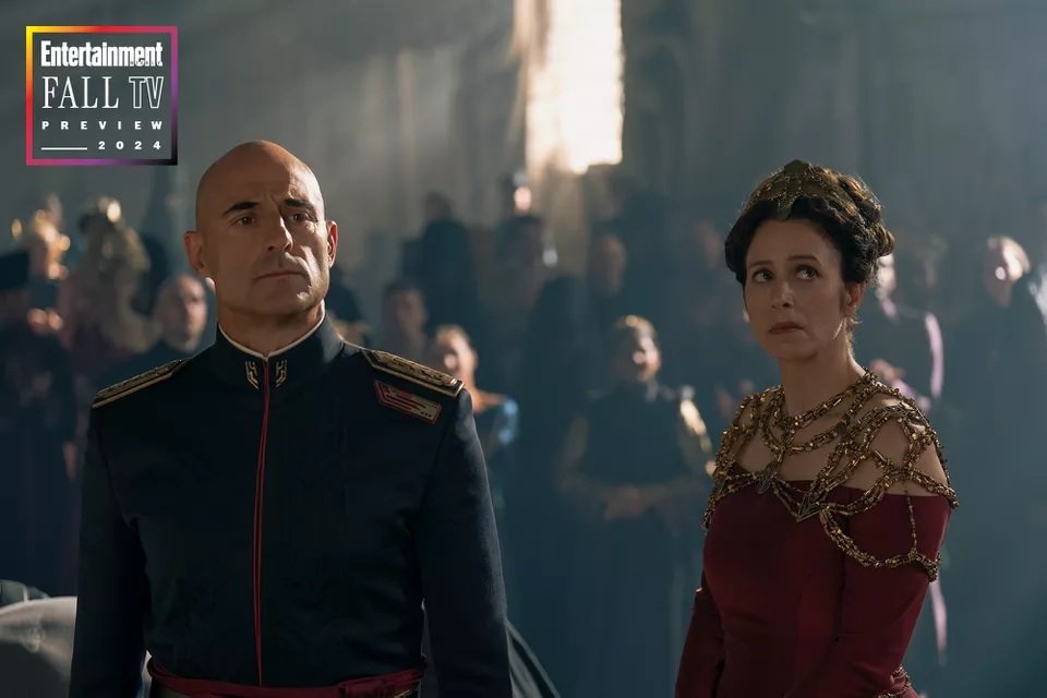 Emperor Javicco Corrino (Mark Strong) and Empress Natalya (Jodhi May) in 'Dune: Prophecy.'.