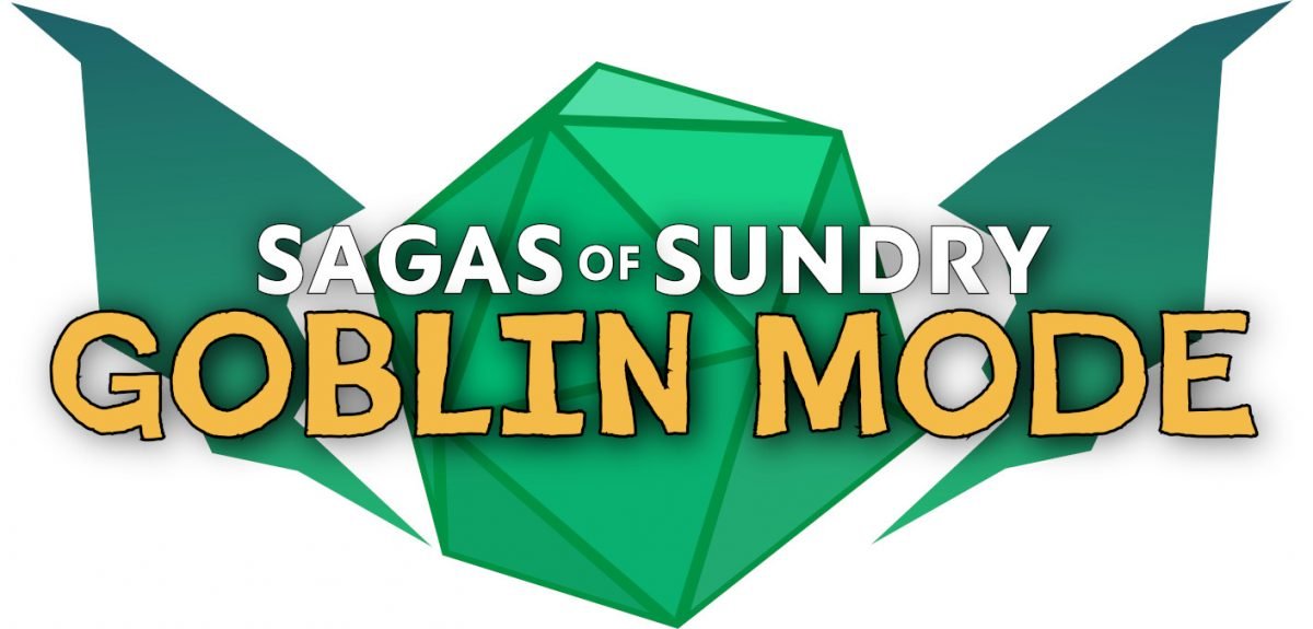 The logo for Sagas of Sundry: Goblin Mode with white and yellow text on a green d20 with goblin ears