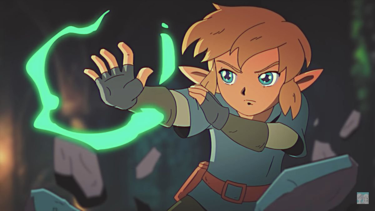 an animated Link from Legend of Zelda in a fan made commercial for a Tears of the Kingdom Game Boy Color release