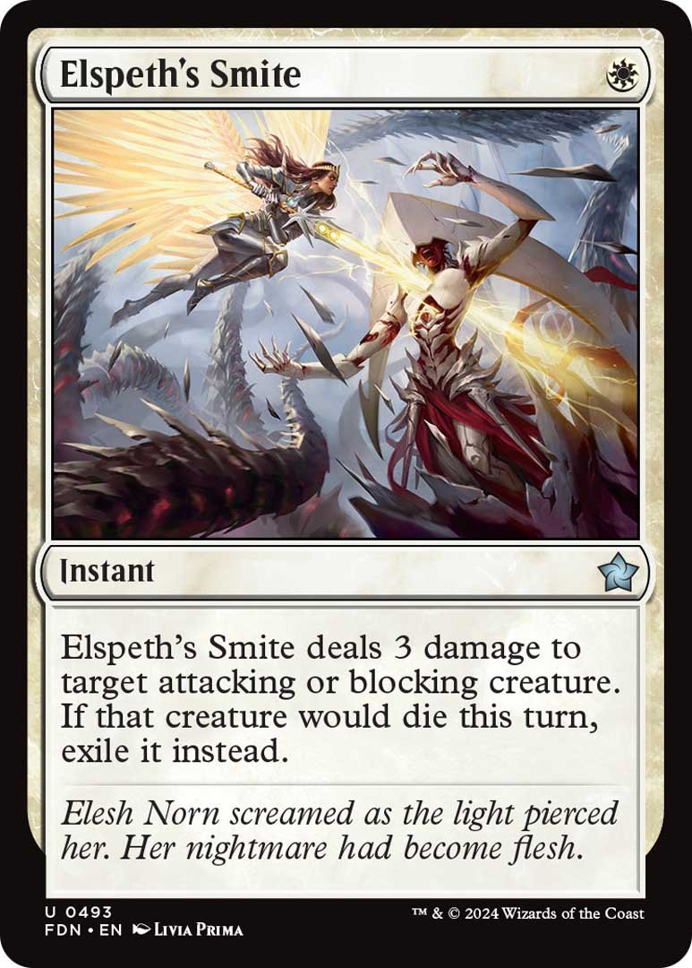 The u0022Elspeth's Smiteu0022 card from Magic: The Gathering's Foundations set.