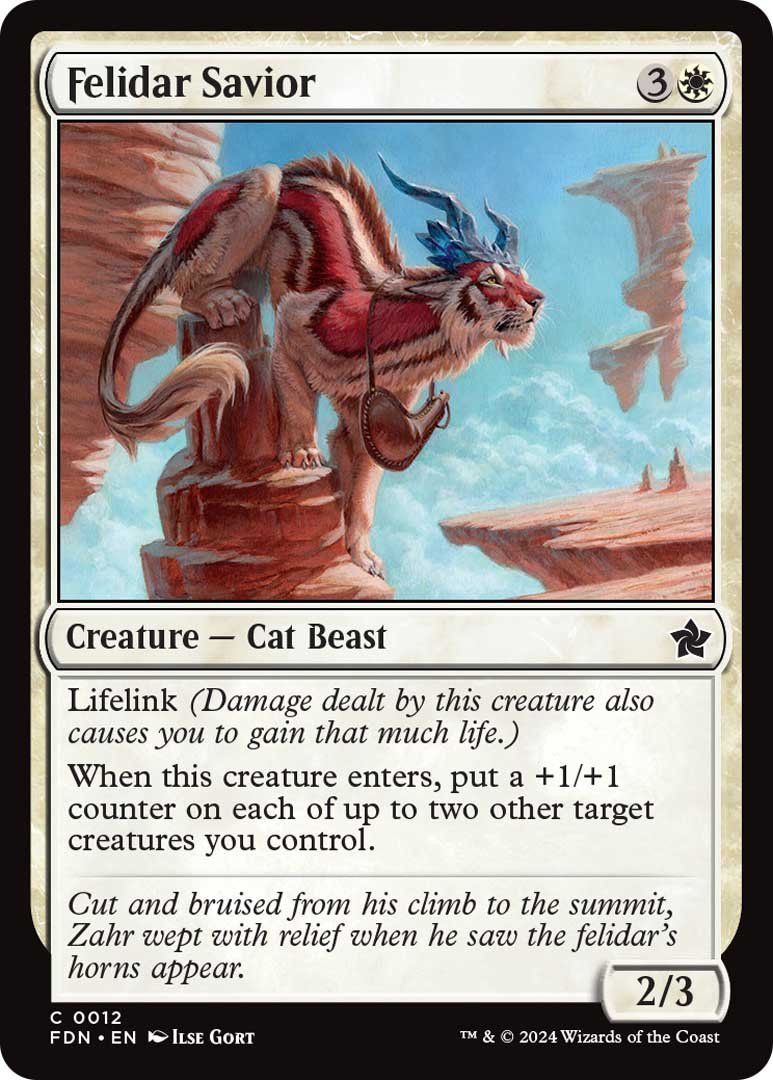 The u0022Felidar Savioru0022 card from Magic: The Gathering's Foundations set.