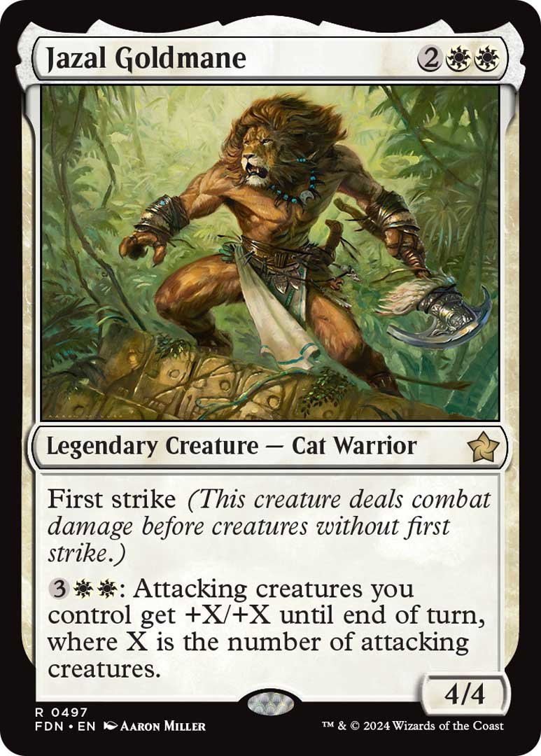 The u0022Jazal Goldmanu0022 card from Magic: The Gathering's Foundations set.