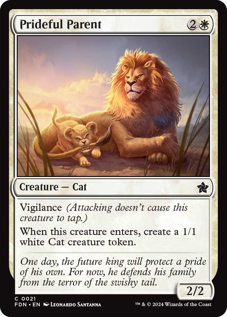 The u0022Prideful Parentu0022 card from Magic: The Gathering's Foundations set.