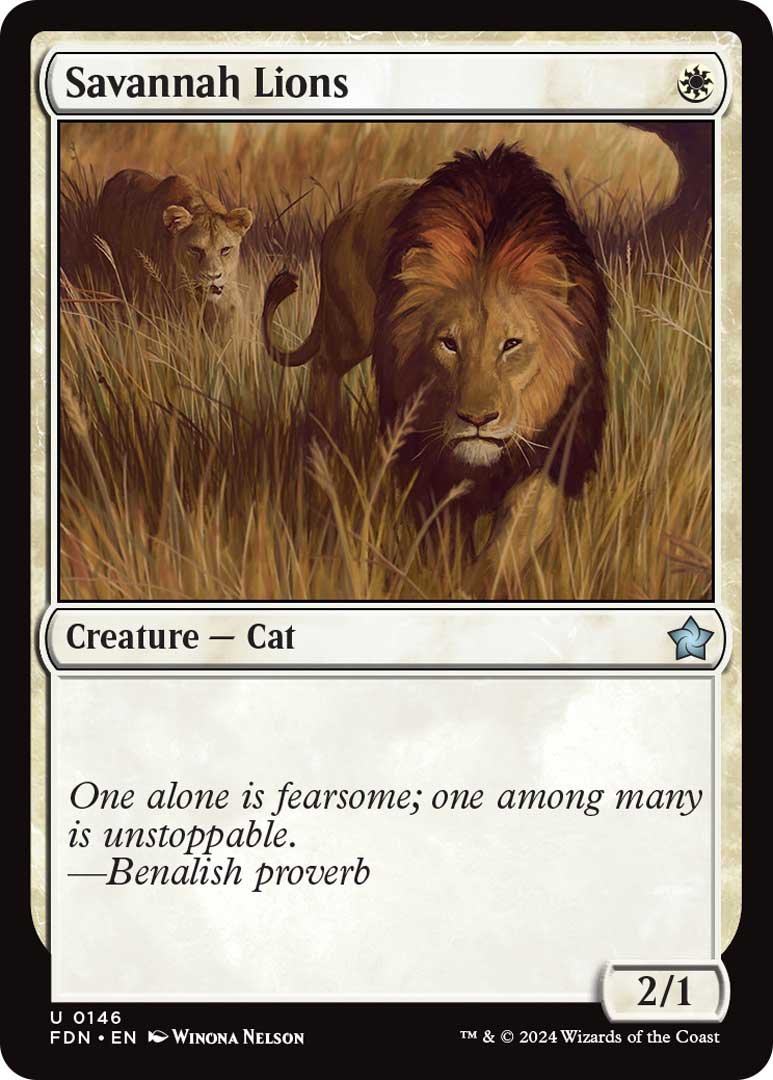 The u0022Savannah Lionsu0022 card from Magic: The Gathering's Foundations set.