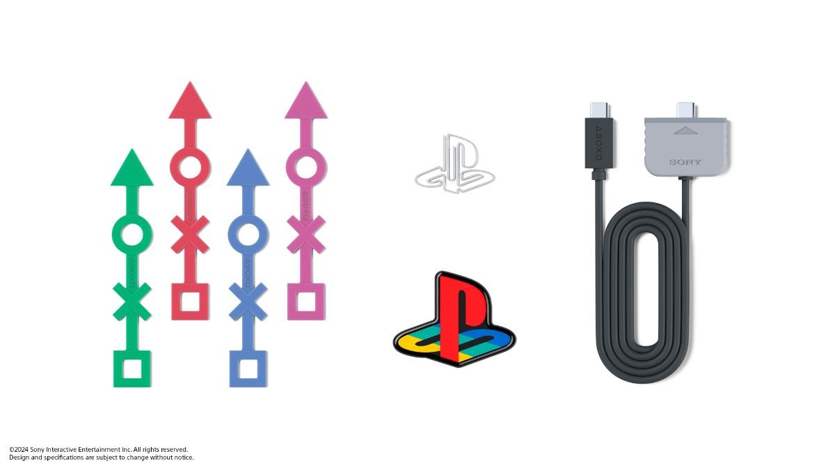 PlayStation 30th Anniversary bundle accessories. Four cable connectors, PlayStation logo sticker, PlayStation logo paperclip, and special connector.