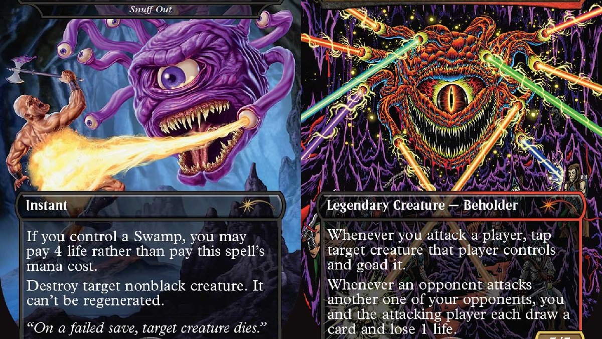 Two exclusive cards from Magic the Gathering's Secret Lair x Dungeons & Dragons 50th anniversary drops.