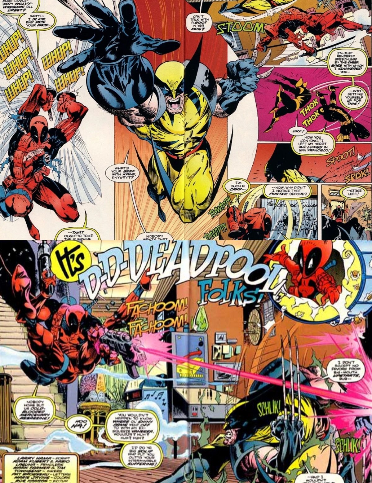 Pages from Wolverine #88, the first fight between Deadpool and Logan.
