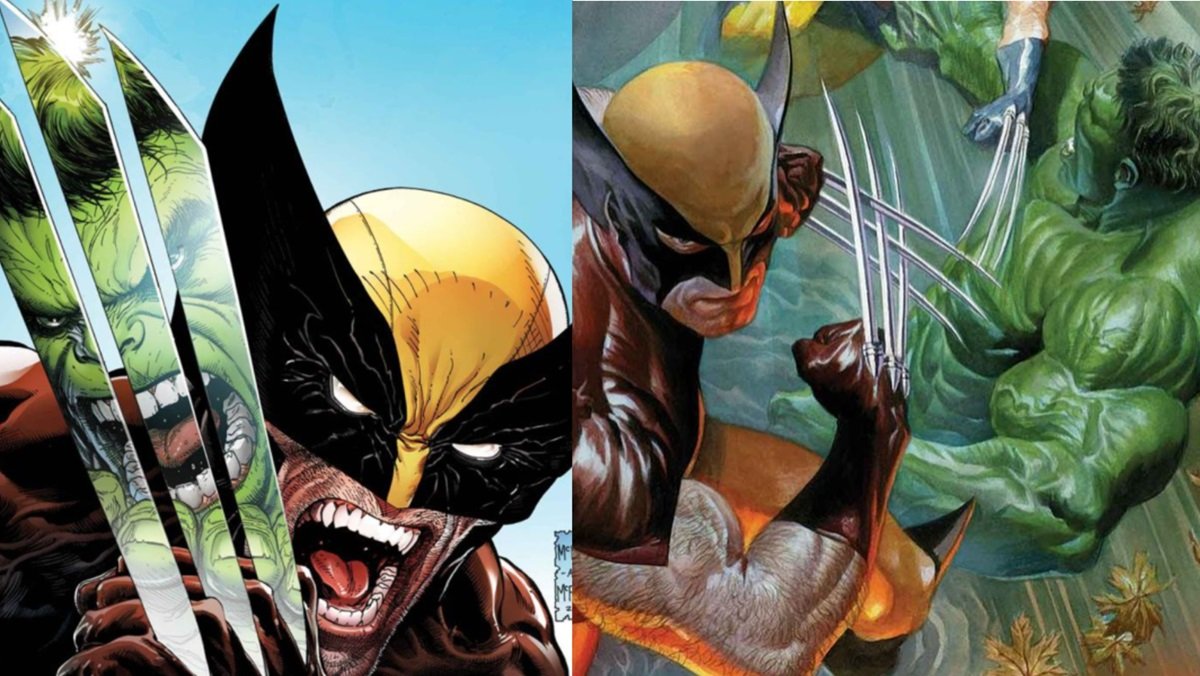 Wolverine fights the Hulk in his 80s era brown and tan costume.